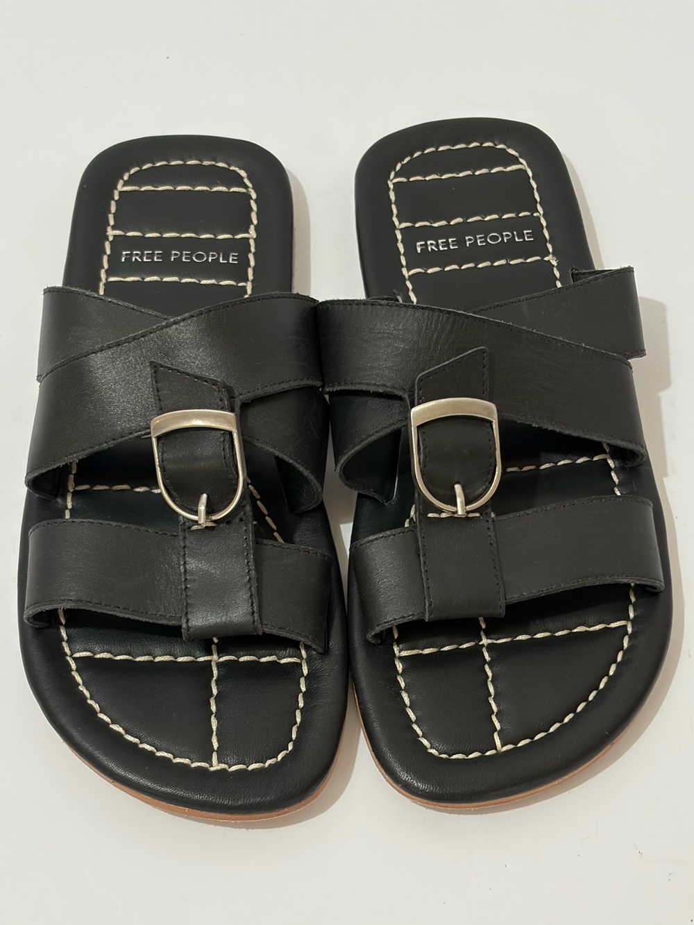 Free People Sloan Black Leather Buckle Slide Sandals with Contrast Stitching